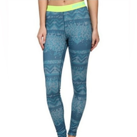 Nike Pro Womens Hyperwarm Running Athletic Tights Nordic Blue Yellow Size Large - Picture 2 of 11